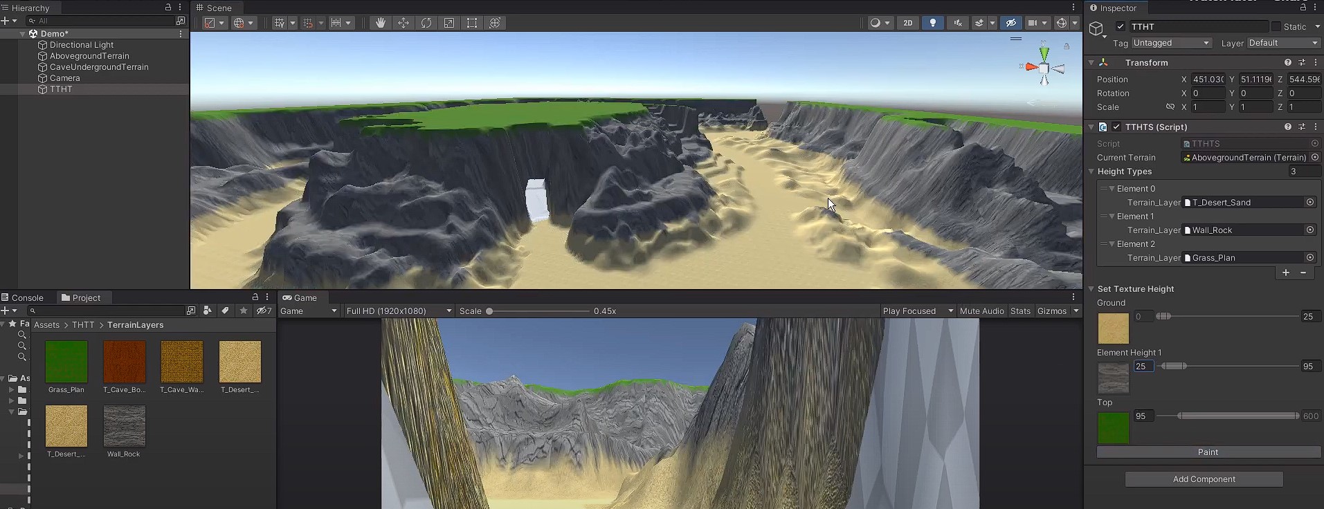 Unity terrain painted with the Terrain Texutre by Height Tool